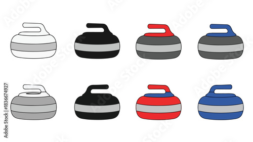 Curling Stone Icon Set with Different Handle Colors
