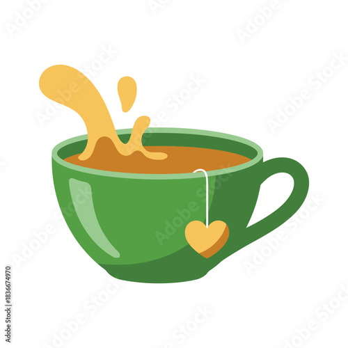 A green cup of tea splashes with a heart-shaped tag.