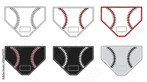 Six different colored baseball home plates with stitch designs, vector illustration set for sports equipment graphics.