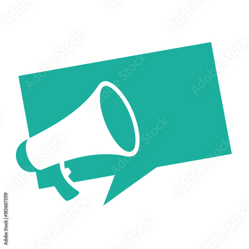 A stylized megaphone symbol emerges from a speech bubble, representing communication.