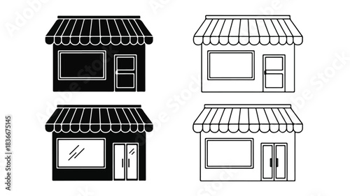 Four black and white icons depicting various storefronts with awnings, windows, and doors, presented in both solid and outline styles.