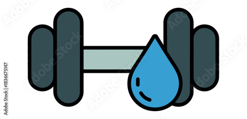 A dumbbell with a water droplet symbolizes hydration for sports and fitness.
