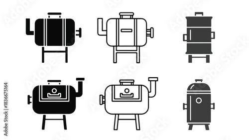 Six black and white icons illustrating various types of outdoor barbecue smokers and grills.