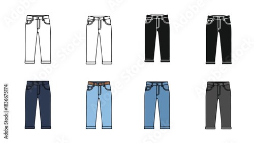 Collection of various colored jeans and trousers icons, including white, black, blue, and grey denim pants illustrations.