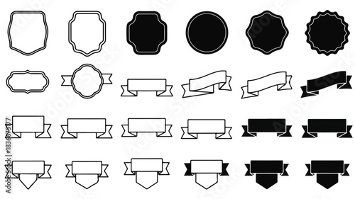 A comprehensive collection of black and white vector badges, labels, and ribbons in various shapes and styles, perfect for graphic design elements.
