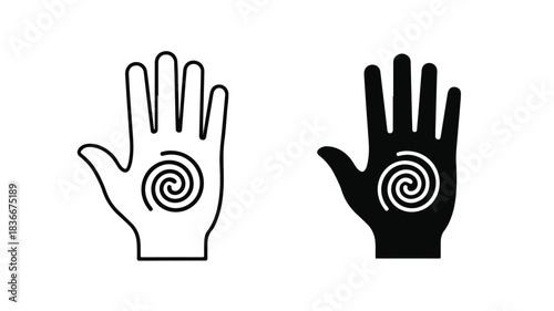 Two hands with spiral symbols in their palms, one outlined and one solid black, representing spirituality and energy.