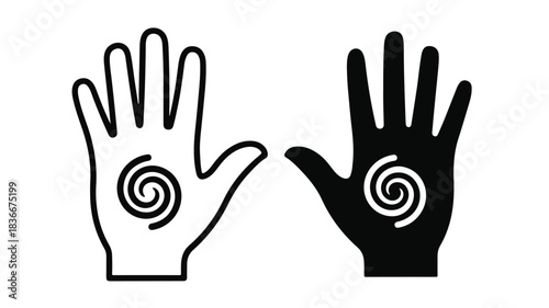 Two graphic illustrations of open hands, one black outline and one solid black, each with a spiral symbol in the palm, on a white background.
