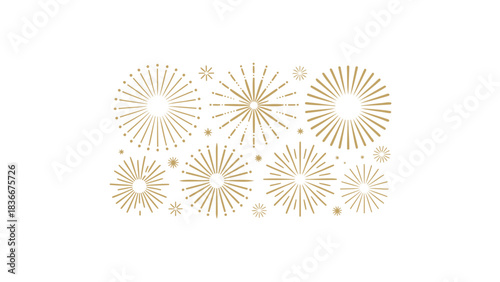 Collection of golden abstract sunbursts and starbursts on a light textured background creating a festive celebratory feel