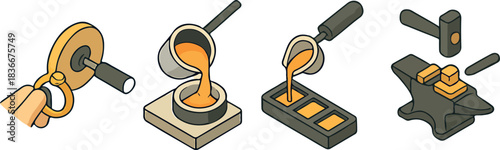 set of icons on the theme of jewelry, namely icons of the stages of jewelry production in isometric style