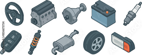 set of icons on the theme of car repair, namely icons of various spare parts in isometric style