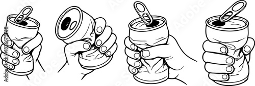 set of icons of hands holding bent tin cans for food in different perspectives and in sketch style