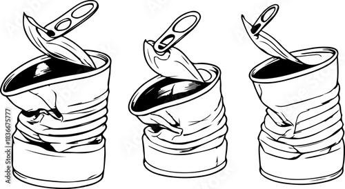 set of icons of bent tin cans for food in different perspectives and in line art style