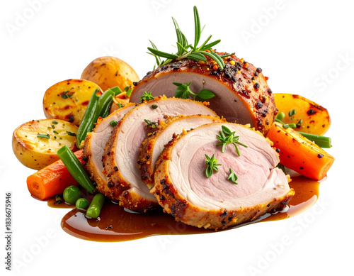 Gourmet Sliced Roasted Pork with Herb Vegetables and Glazed Sauce PNG