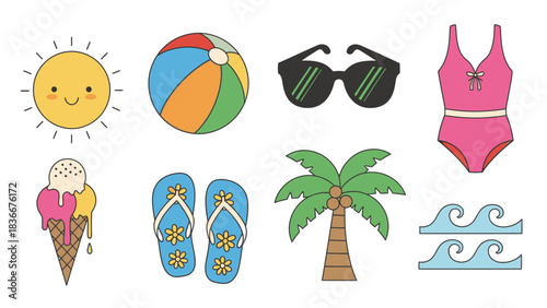 Vector Cartoon Summer Vacation Vocabulary – Fun Illustrated Holiday Icons