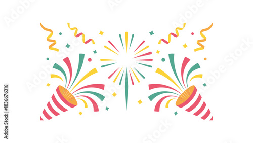 Festive celebration with colorful confetti, party poppers, and fireworks vector illustration
