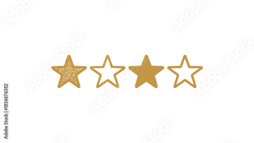 Four golden stars two filled and two empty representing a rating or achievement isolated on white background