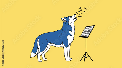 Vector Husky Dog Singing – Monochrome Ink Illustration with Music Desk