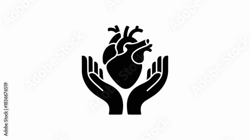 Human heart in hands vector icon. Black and white illustration isolated on white background