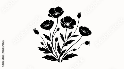 A simple black silhouette of blooming poppies