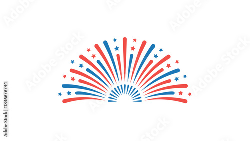 Red and blue firework burst with stars festive celebration graphic element for holidays and events isolated on white