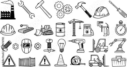 Black and White Line Art Icons of Construction and Industrial Equipment, Tools, Safety, and Vehicles