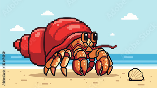 Vector Pixel Art Hermit Crab – Cute Retro 8-Bit Style Sprite
