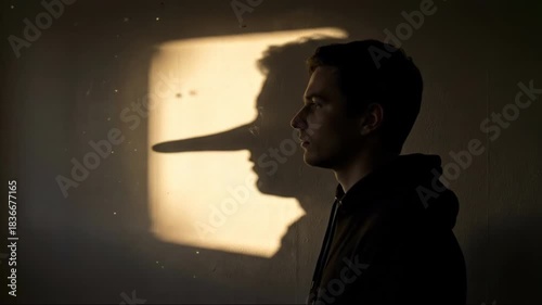 Pensive Man with Symbolic Pinocchio Nose Shadow