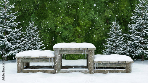 Snow-Covered Bench in Winter Forest