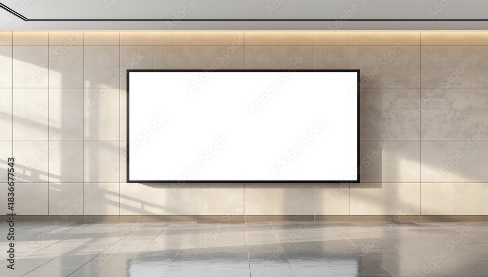 Fototapeta premium Empty rectangular advertising billboard on stone wall in Seoul airport - perfect for mockup or commercial design use