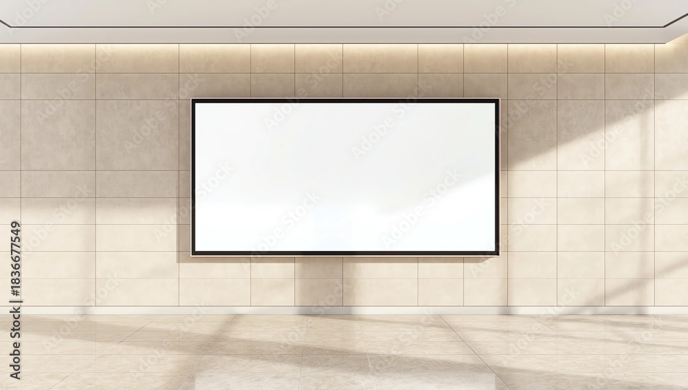 Fototapeta premium Empty rectangular advertising billboard on stone wall in Seoul airport - perfect for mockup or commercial design use