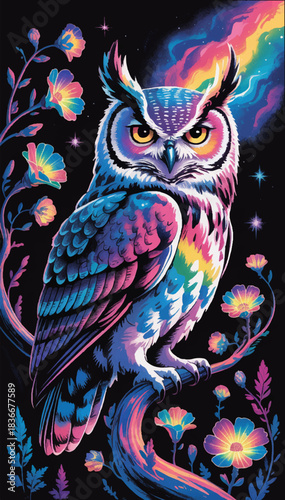 A bright multicolored illustration of an owl sitting on a flowering tree against the background of the northern lights. Suitable for the design of merchandise, book covers, posters and postcards. EPS.