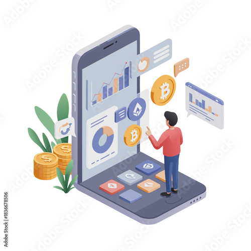3D Isometric Vector Illustration of a Man Analyzing Financial Data on a Smartphone with Cryptocurrency Icons and Charts