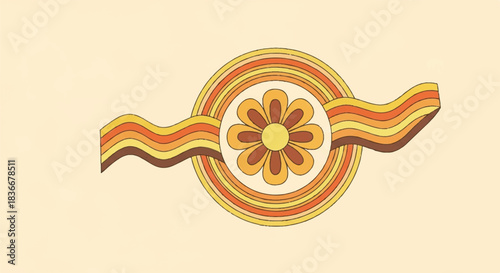 Floral Graphic Design Featuring Central Flower, Concentric Circles and Wavy Ribbon Across Warm Yellow Canvas, Center View