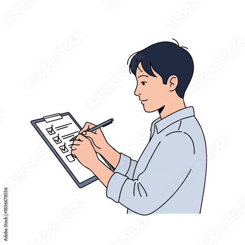 Cartoon man writing on clipboard with pen, centered view, plain background, illustration of focused office task