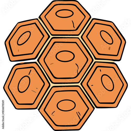 Hexagonal Honeycomb Structure With Internal Ovals And Cracks In Orange And Yellow Against Black Background Detailed Vector Illustration