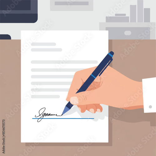 Cartoon hand holding a pen signing a signature on a document on a desk with monitor, office setting, frontal viewpoint