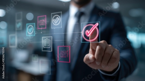 Businessman Selecting Digital Checkmark in Modern Office Setting