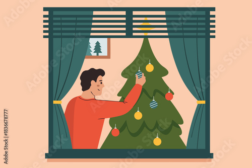 Festive vector illustration of man decorating christmas tree as seen through cozy window view