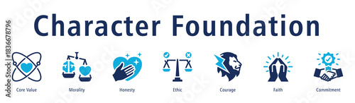 Character foundation icon vector concept emphasizing core value, morality, honesty, courage, commitment, and personal strength.