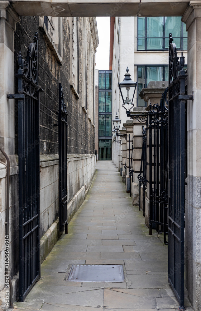 Fototapeta premium Narrow alley in the city of London with iron rails and traditional victorian lantern.