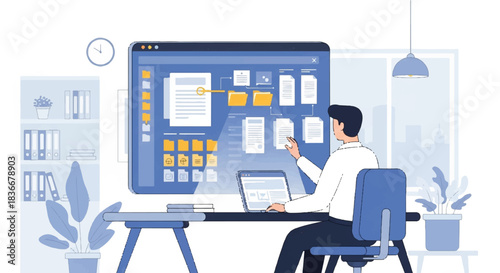 Cartoon man at a blue desk working on laptop with calendar screen, plant beside, in a bright office setting, viewed from behind