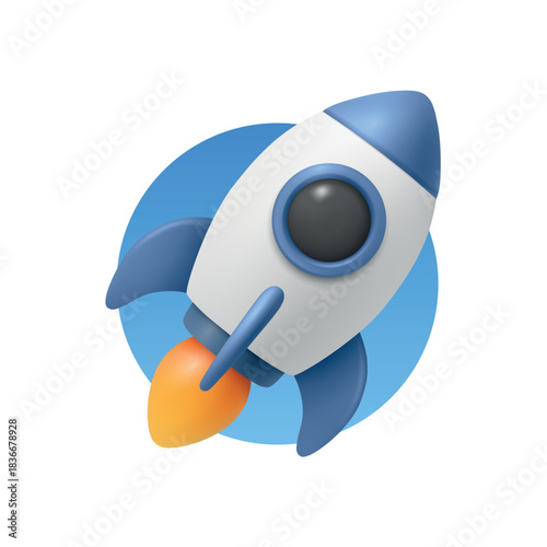 Vector 3d Blue and White Rocket Launch Icon. Rocket Startup Badge in Blue Circle. Rocket Ship with Flame for Startup, Product Launch, Space, Mission, Web and Mobile Design