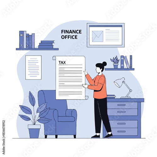 Illustration of a person holding a tax document in a finance office setting with bookshelves and a desk