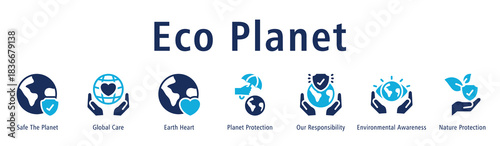 Eco Planet web banner icon vector illustration with icons of Safe the Planet, Global Care, Earth Heart, Planet Protection, Environmental Awareness, Our Responsibility, and Nature Protection.
