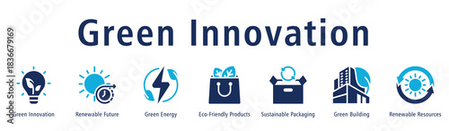 Green Innovation web banner icon vector illustration with icons of green innovation, renewable future, green energy, eco-friendly products, sustainable packaging and green building