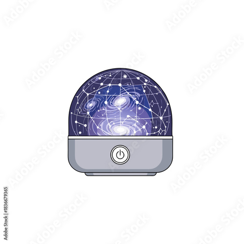 A Novelty Star Projector With A Galaxy And Starry Night Sky Display In A Dome Shaped Top And A Gray Base With Button On Black Background
