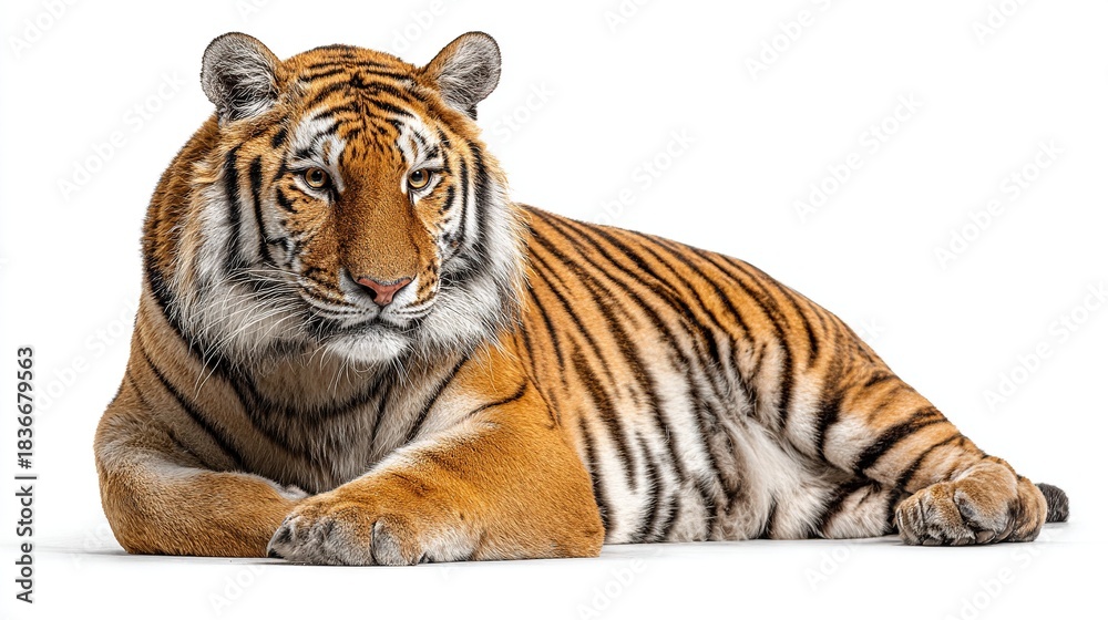 Obraz premium Adult siberian tiger lying down, majestic predator, isolated