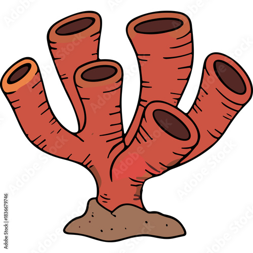 Illustration of a red tubular sponge with dark openings attached to a sandy base against a black background.