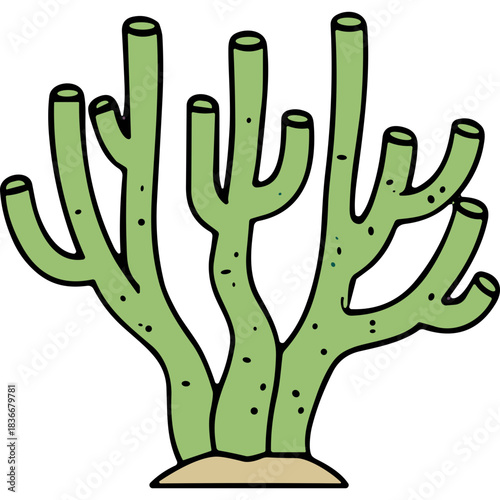 Illustration of a Green Saguaro Cactus Plant with Multiple Arms Growing from Sandy Ground Against a Black Background Simple Cartoon Style