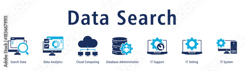 Banner focusing on searching, analyzing, and storing data via cloud, databases, support and settings.
